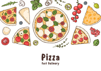 Hand drawn set of pizza. Italian pizza design template. Vector illustration
