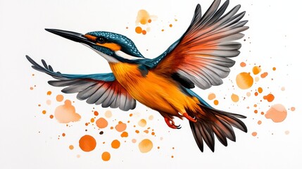 Obraz premium Vibrant Kingfisher in Flight Watercolor Bird Painting Wildlife Art