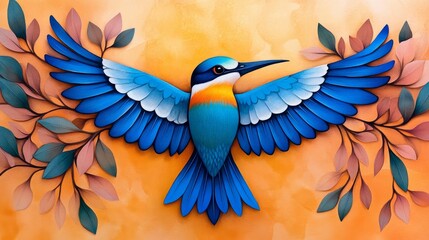 Obraz premium Vivid Blue Bird Artwork Wings Spread Leaves Orange Background Nature Illustration Artistic Design