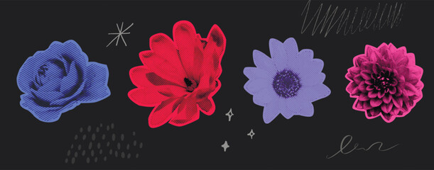 Grunge halftone flowers cutouts. Collage elements, bright colors floral stickers on dark background.