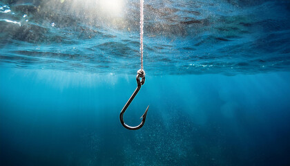 Fishing hook on string underwater. Clear sea or ocean water background.