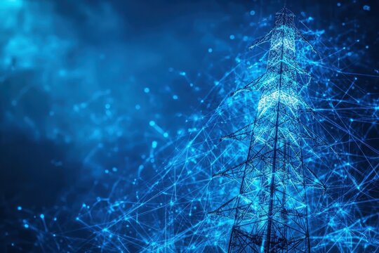 Electricity transmission tower illuminated with digital connections at night showcasing technology