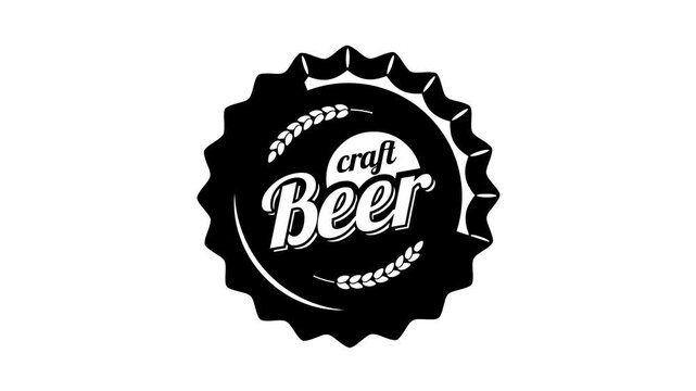 Craft beer logo animation. A cap with beer label appears on a white background.
