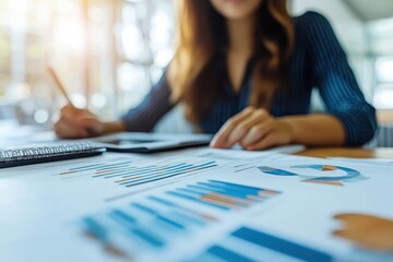 Business professional analyzing graphs and charts in a modern office setting during the day