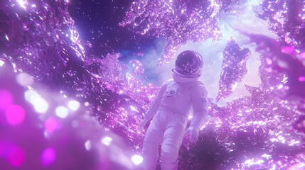 Obraz premium Astronaut in Vibrant Cosmic Landscape - Ultra-Detailed 3D Render of Serene Space Exploration Scene