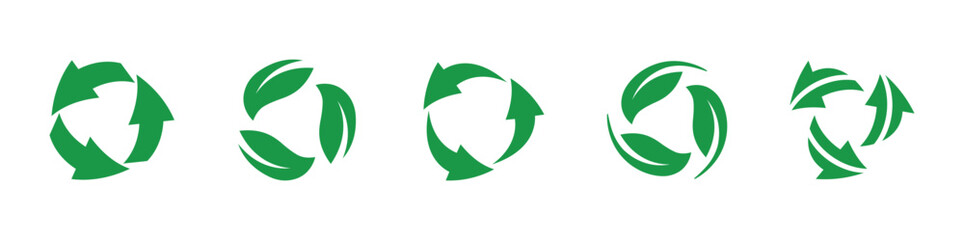 Obraz premium Recycle icon vector set isolated on transparent background. Eco green circular leaf recycle arrows symbol vector design templates