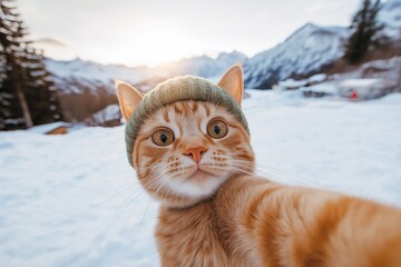 cat takes a selfie in ski resort, holiday, travel,winter	