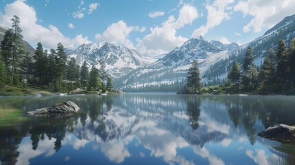 Fototapeta premium Breathtaking Alpine Landscape with Pristine Mirror-Like Lake Reflecting Snow-Capped Mountains and Lush Evergreens, Clear Blue Sky and Fluffy Clouds, Illuminated by Warm Sunlight.