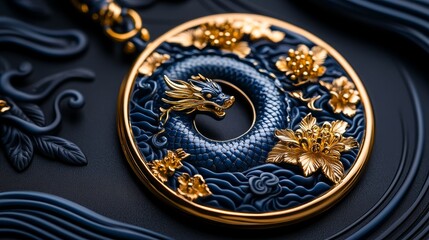 Obraz premium Exquisite Dragon Flowers Blue Gold Pendant Charm Jewelry Detail