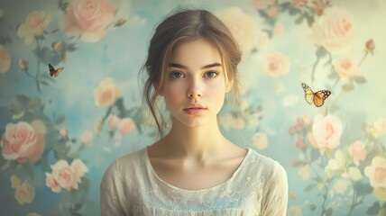 Young woman with butterflies and floral background