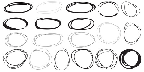 Hand drawn ovals and circles set. Ovals of different widths. Highlight circle frames. Ellipses in doodle style. Set of vector illustration isolated on white