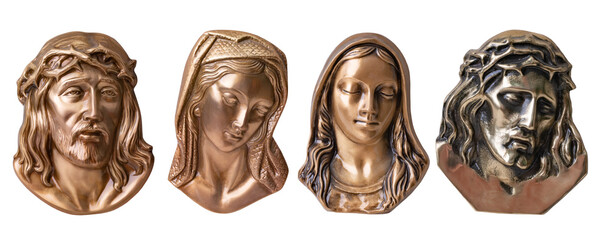 Bronze bas-relief bronze saints faces, Madonna, Saint Mary, Jesus. Bas-relief wall sculpture, metal bas-relief. Image of the Virgin Mary, Jesus with relief portrait isolated on white background.