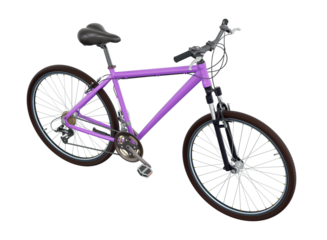 Purple bicycle, side top view. Black leather saddle and handles. Png clipart isolated on transparent background