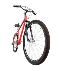 Fototapeta premium Red bicycle, front side view with wide angle shot of the front wheel. Black leather saddle and handles. Png clipart isolated on transparent background