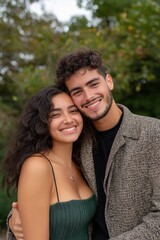 Fototapeta premium A man and a woman are smiling at the camera. The woman is wearing a green dress and the man is wearing a black jacket
