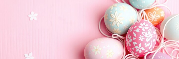 Fototapeta premium Pink and white Easter eggs in a pattern over a pink background, holiday, bright