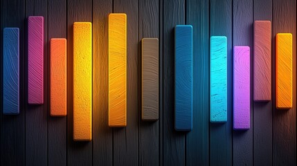 Fototapeta premium Vibrant, colored bars arranged on a dark wooden background, creating an abstract and visually appealing pattern.