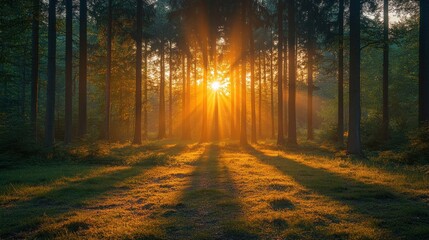 Naklejka premium Serene forest at sunset with rays of light filtering through trees.