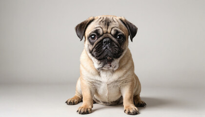 A pug sits on a white background, looking at the camera