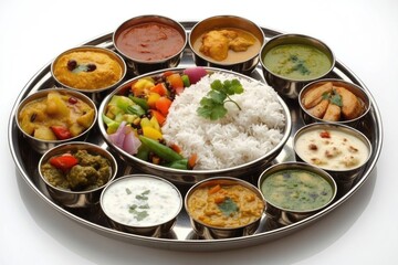 Traditional Indian Thali with Assorted Curries, Rice, Naan, and Vibrant Side Dishes on a Metal Platter