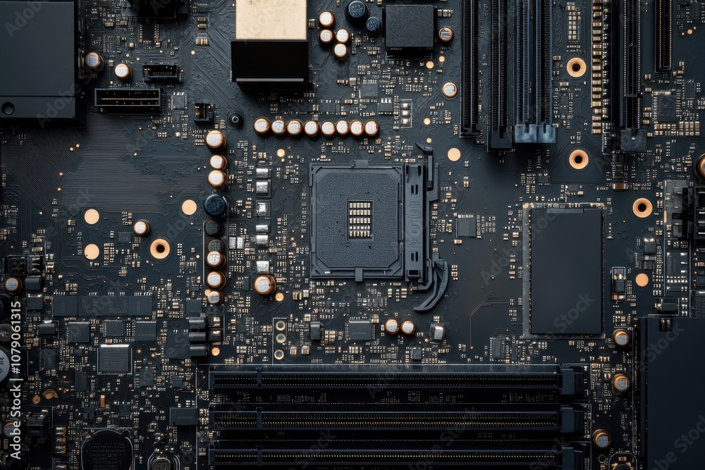 Poster close-up of a computer motherboard showcasing intricate circuit design and components