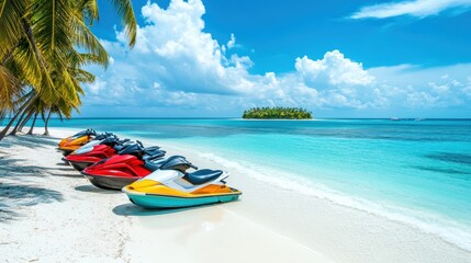 Obraz premium Jetski park at sandy sea beach with coconut tree. Summer tropical sports.