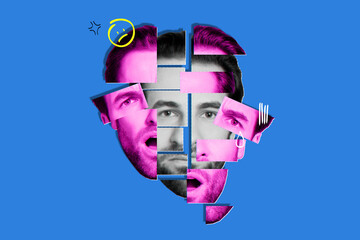 Creative surreal photo collage of depression young stress guy cut face absurd neon color visual...