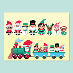 Cute christmas characters, christmas decoration, background for christmas invitation, party.