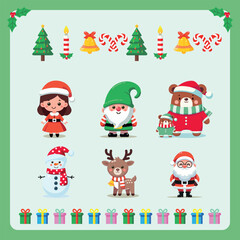 Cute christmas characters, christmas decoration, background for christmas invitation, party.