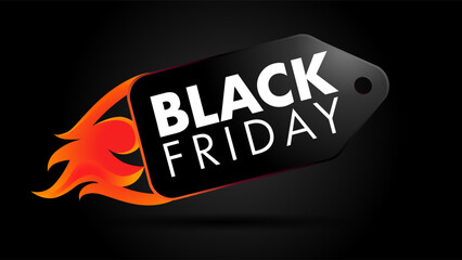 Black Friday discount tag like rocket with flame. Special offer for Black friday, vector poster design with discount label in fire and typography
