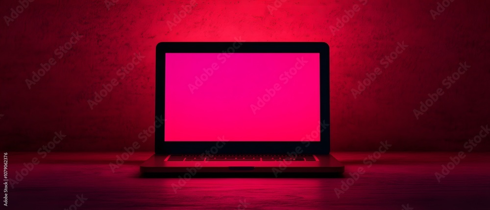 Poster empty laptop with blank screen illuminated by vivid pink light on a dark background, highlighting mo