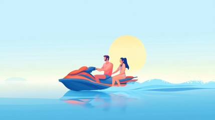 Obraz premium Artistic illustration of jetski in water. Flat vector. Summer tropical sports.