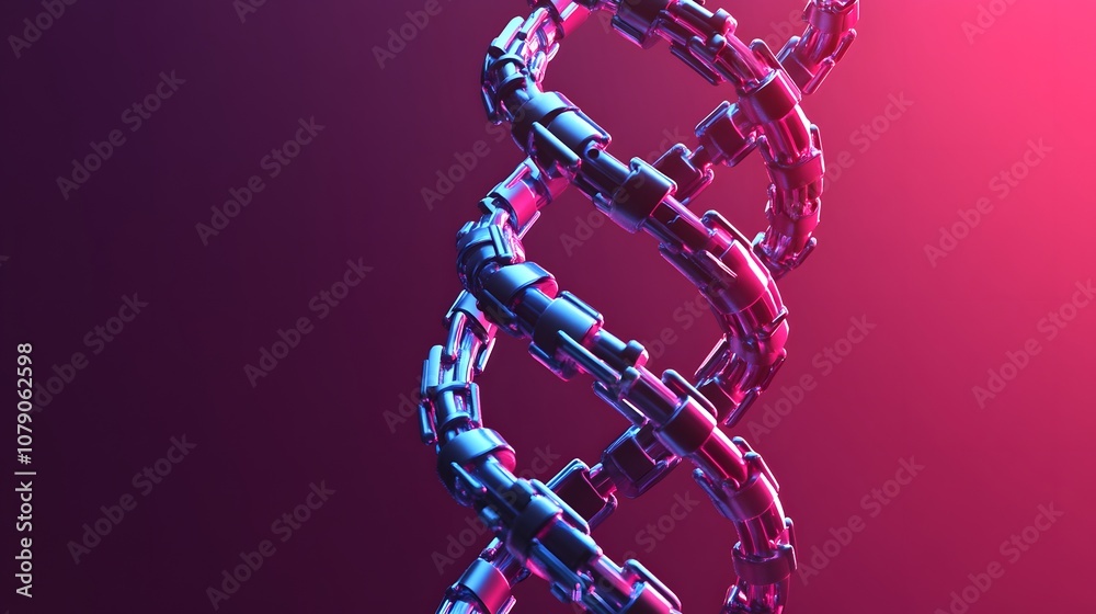 Poster Abstract Representation of DNA Helix Formed by Interconnected Metallic Links Highlighting the Intersection of Technology and Biology in a Colorful Background
