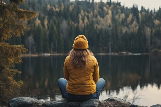 A woman in a yellow jacket and beanie sits quietly by a serene lake surrounded by trees