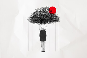 Collage artwork of incognito businesswoman formal wear folded hands stress without attention...