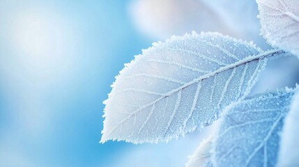 Obraz premium A frosty leaf covered in ice crystals stands out against a blue winter sky