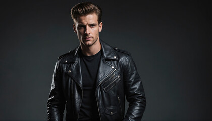 Fototapeta premium A man in a black leather jacket stands in front of a dark background