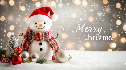 Fototapeta premium Merry Christmas and Happy New Year greeting card design with snowman.