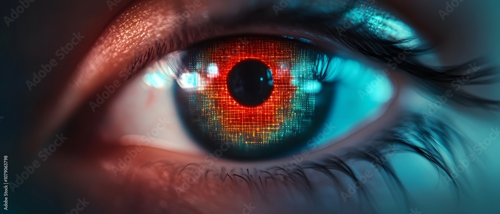 Poster Close-Up of a Digital Eye with Vibrant Colors and Intricate Patterns Capturing the Fusion of Technology and Human Emotion in a Futuristic Vision