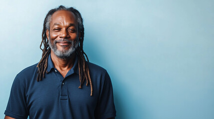 Obraz premium Smiling middle-aged man with dreadlocks, wearing a blue polo shirt, standing against a light blue background, radiating calmness and contentment.