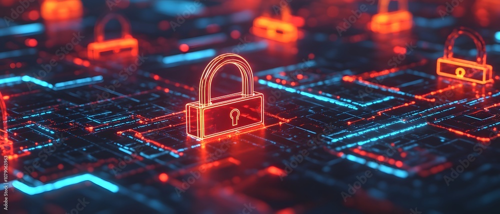 Poster Digital Security Concept with Neon Lock Graphics and Abstract Circuit Background Depicting Cyber Protection, Data Security, and Technological Innovation in a Virtual Environment