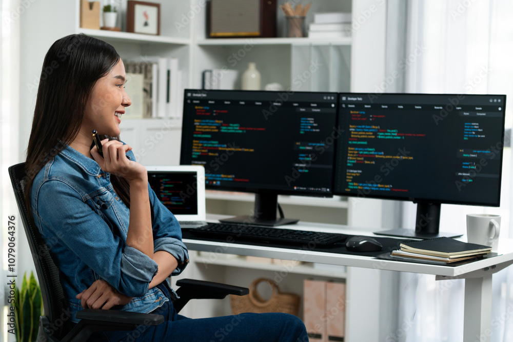 Poster young asian it developer looking online information on pc for beautiful pose with coding program dat