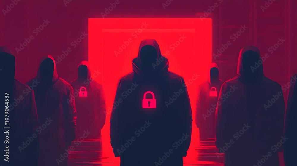 Poster mysterious figures in hoodies with lock symbol in a bold red setting, representing cybersecurity thr
