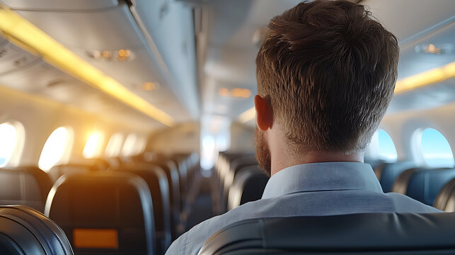Passengers prepare for takeoff on an airplane aisle journey