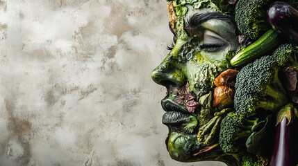 Naklejka premium creative, nature-inspired portrait of a woman's face, intricately blended with various vegetables like broccoli, eggplant, and leafy greens, forming a textured and vibrant composition.