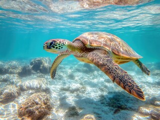 Fototapeta premium Sea Turtle Swimming Over Coral Reef in Crystal Clear Blue Ocean Waters, Showcasing Beautiful Shell Patterns and Tropical Underwater Environment