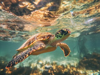 Sea Turtle Gliding Gracefully Through Sunlit Ocean Waters with Rippling Surface Reflections, Detailed Shell Patterns in Warm Tropical Scene