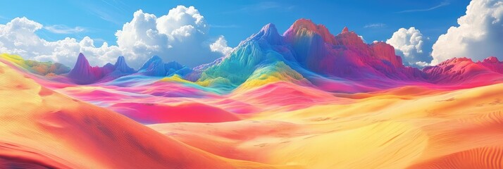 Colorful, psychedelic desert with rainbow colored sand dunes and surreal, melting mountains in the background