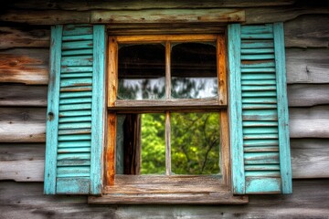 Rustic Window with Turquoise Shutters