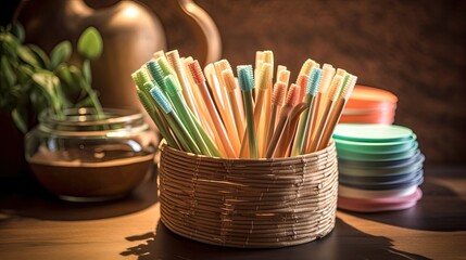 Obraz premium Organic bamboo cotton swabs with glass jars in soft lighting.